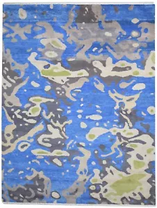 9' X 12' Rug Wool Blue Modern Hand Knotted Indian Abstract Extra Large Carpet - Picture 1 of 9