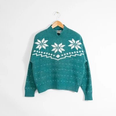 Vintage Fair Isle Snowflake Pattern Wool Sweater Womens Medium Cropped Mock Neck - Image 1 of 4