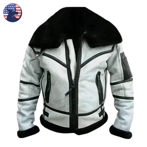 Men's Gray & Black RAF B3 Bomber Aviator Shearling Sheepskin Fur Leather Jacket - Picture 1 of 5