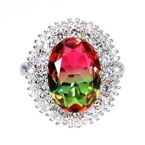 925 Sterling Silver Ring Oval Synthetic Tourmaline Watermelon 14x10mm Size 7.5 - Picture 1 of 13
