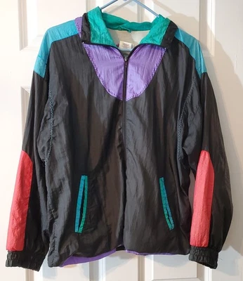 Jaqueta corta-vento vintage anos 90 Active Stuff média pequena colorblock náilon swishy - Imagem 1 de 4