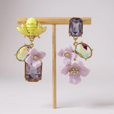 Flower Bee Mismatch Earring Betsey Johnson Insect Queen Honeybee Gold CZ Court - Image 1 of 4
