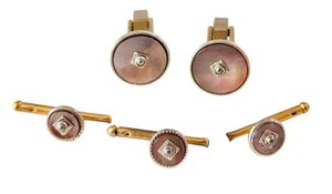 Mother of Pearl MOP Abalone Pearl Cufflinks Tuxedo Studs Set Gold Tone - Picture 1 of 11