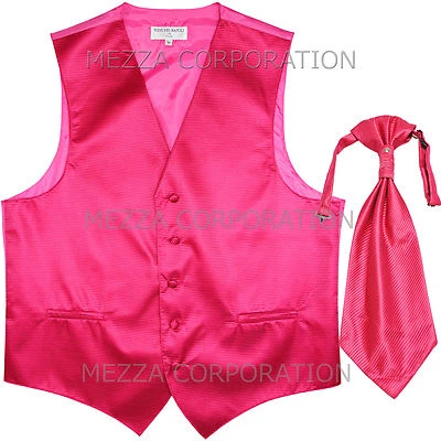New Men's Tuxedo Vest Horizontal Stripes Ascot Cravat prom party Hot Pink formal - Image 1 of 2