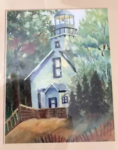 Vintage Watercolor Painting Old Mission Light House Michigan Framed Signed - Picture 1 of 6