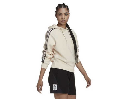 OFF WHITE Adidas Felpa con Cappuccio Donna Media Panna Cropped Felpa con Cappuccio con 3 Righe