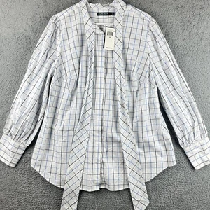 Lauren Ralph Lauren Hemd Damen 1X weiß Fenster kariert Knopfleiste Krawatte Ausschnitt Neu mit Etikett - Bild 1 von 9