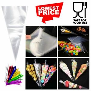 Cellophane Cone Sweet Bags Clear Plastic Cello Small Large Party Gifts with Ties