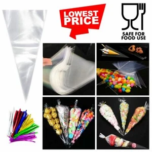 Cellophane Cone Sweet Bags Clear Plastic Cello Small Large Party Gifts with Ties - Picture 1 of 51