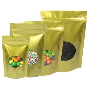 Many Size Gold Stand Up Polyethylene Mylar Resealable Bags w/ Clear Window - Picture 1 of 5