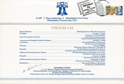 Signed FDC Ceremony Program #1690 C1 Benjamin Franklin Map INTERPHIL Cancel - Image 1 of 4