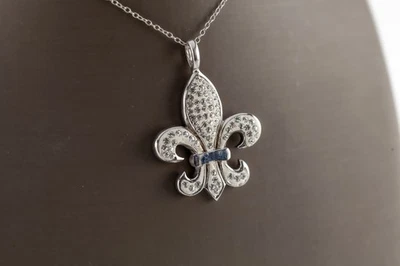 Argento Sterling Giglio Ciondolo Collana Con / Zirconia Cubica Accento Pietre - Immagine 1 di 3