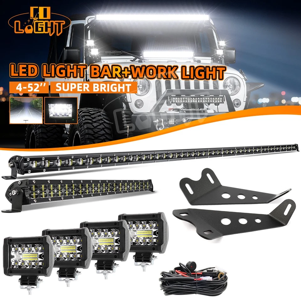 Barra de luz LED + 20" + 4 peças 4" pods + kit de suporte de montagem para Jeep Wrangler JK 52" 1800W - Imagem 1 de 4