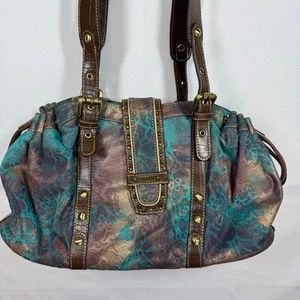 Bolso de hombro para mujer Sharif Studio marrón azulado estampado metálico ribete de cocodrilo - Imagen 1 de 14