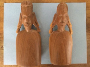 Pair of Vintage Hand Carved 8” Wooden Sculptures African Art Statues Figures - Picture 1 of 7