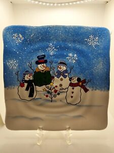 St. Nicholas Square BUTTON UP 8 1/2" Sq Cookie Cupcake Plate Snowman Family