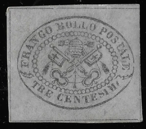 1867 Papa Roman States Italy 3c Stamp COAT OF ARMS Grey Paper MINT  CV 723 (IBX) - Picture 1 of 2
