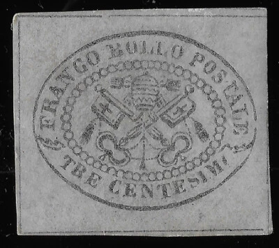 1867 Papa Roman States Italy 3c Stamp COAT OF ARMS Grey Paper MINT  CV 723 (IBX) - Image 1 of 2