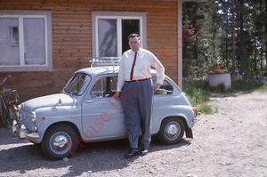 Original Slide 1964 Tall Well Dressed Man Beside Tiny Car Fiat ? 012N - Picture 1 of 1