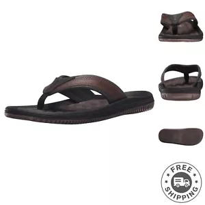 Men's Casual Flip Flops - Durable Brown/Black Faux Leather with Traction Sole - Picture 1 of 10