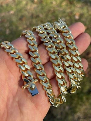 Men's Miami Cuban Link Chain 14k Gold Plated Solid 925 Silver Box Clasp 10mm - Image 1 of 4