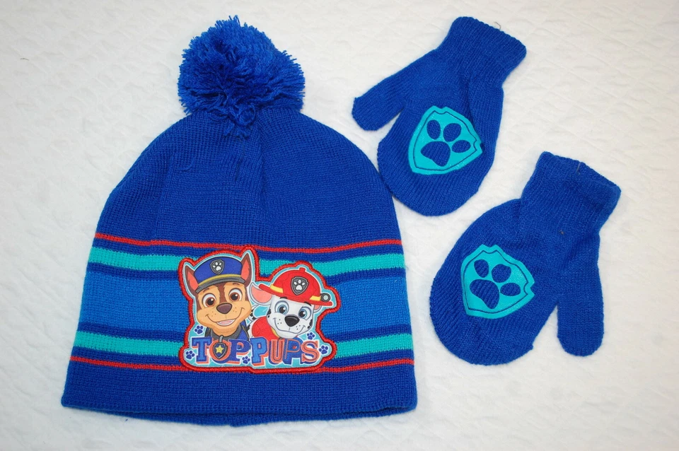 Todder Boys PAW PATROL WINTER HAT Pom Pom Ball TOP PUPS Marshall Chase MITTENS - Image 1 of 1