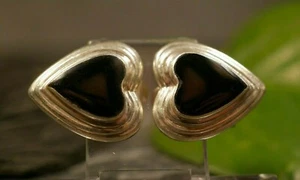 Süße 925 Sterling Silber Ohrringe Clips Herz Liebe Schwarz Onyx Groß Getreppt - Bild 1 von 12