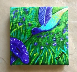 Hummingbird Painting, Humming Bird Art, Canvas Print, 4.5x4.5in, Art Gift - Picture 1 of 3