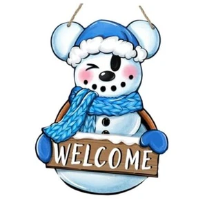 Welcome Winter Snowman Front Door Sign, Blue Christmas Wood Door Hanger - Picture 1 of 7