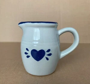 VTG Mid Century Pottery/Stoneware Mini Pitcher/Creamer Handle Blue Heart Taiwan - Picture 1 of 7
