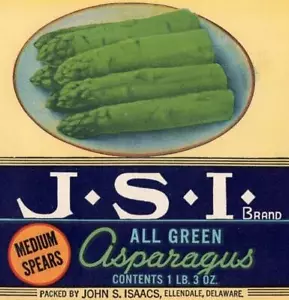 ASPARAGUS ELLENDALE DELAWARE JOHN ISAACS GROWER & CANNER VINTAGE CAN LABEL - Picture 1 of 3