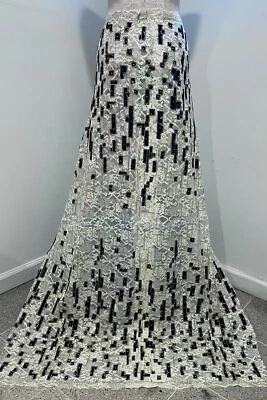 Ivory Brown Embroidery Rhinestone Sequins Velvet Lace Fabric 50” Width 1 Yard - Image 1 of 4