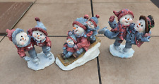 3 Very Cute Christmas Snowmen Figurines Featuring Ice Skating & Toboggan