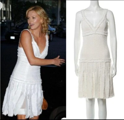 Chanel Vintage 2004 White Tweed Car Wash Midi Dress 34 36 38 2 4 6 Logo M S - Image 1 of 4