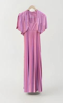 Maxi Vestido Imperio Vintage Años 70 80 Rosa Tirantes Ajuste Acampanado Plisado Con Chaqueta Foto 1 de 4