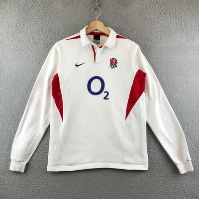 Youth Nike England Rugby Long Sleeve Polo Shirt XL White Red O2 Rose Logo - Image 1 of 4