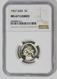 1967 SMS Jefferson Nickel High Grade! NGC Mint State 67 CAMEO - Picture 1 of 2