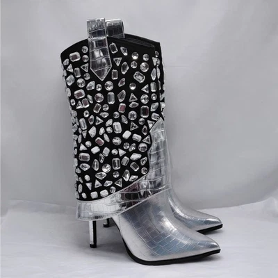 Lauren Lorraine Hana Rhinestone Cowboy Boots Silver Western Glam Size 9 Party - Image 1 of 4