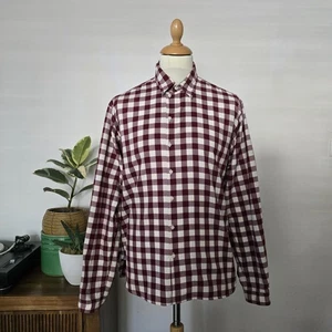 Oliver Spencer Checkered Burgundy Ecru Button Up Shirt Men's Size 16" Large - Picture 1 of 9