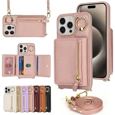 For iPhone 15 Pro Max 14 13 Pro Leather Zipper Wallet Bag Crossbody Strap Case - Image 1 of 4