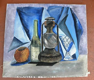 Nice Vintage Unframed Primitive Oil Painting Wine Bottle Lantern Vase 0051010 - Picture 1 of 4