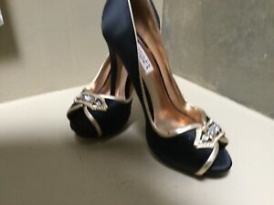 Badgley Mischka  evening high heels open toe shoes Black/gold trim US 6,5 NEW