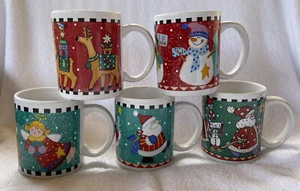 Set of 5 Christmas Holiday Mugs Ceramic Cups Santa Snowman Reindeer Angels - Picture 1 of 9