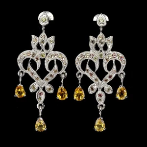 Unheated Pear Citrine 6x4mm Sapphire Diamond Cut 925 Sterling Silver Earrings - Picture 1 of 9