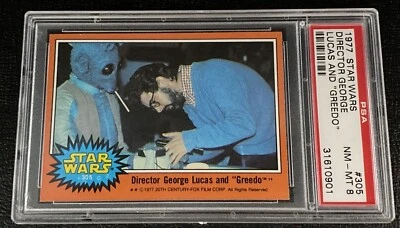 PSA 8 1977 Topps Star Wars George Lucas Rookie Card 305 Director And Greedo NMMT - Image 1 of 3