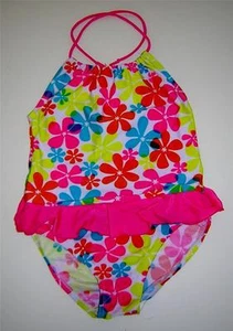 PARADISE BEACH BATHING SUIT SWIMSUIT RUFFLES BRIGHT PINK BLUE WHITE YOUTH 12 EUC - Picture 1 of 1