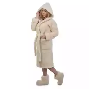 Dressing SPA Gown Wool Bath Robe with Hood Poket Sheep Merino Wool Ivory Color - Picture 1 of 7