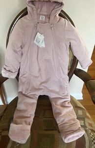 Baby Gap Sherpa Bear Bunting One Piece Hoodie Jacket 12-18 Mos Pink Hearts - Picture 1 of 7