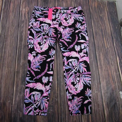 Calça Lilly Pulitzer Feminina 16 Preta Rosa Estampa Floral Elástica Tornozelo Magra - Imagem 1 de 4