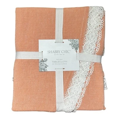 Shabby Chic 90" ROUND Cotton Tablecloth Peach with White Crocheted Lace Border - Image 1 of 4